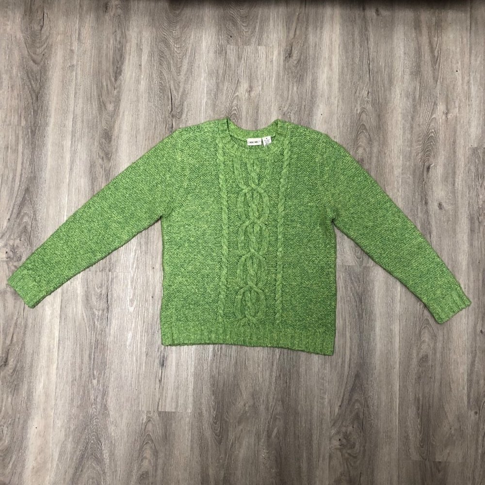 Vintage Size Medium Wool Blend Sweater Lime Green Chunky Cable Knit Cherokee